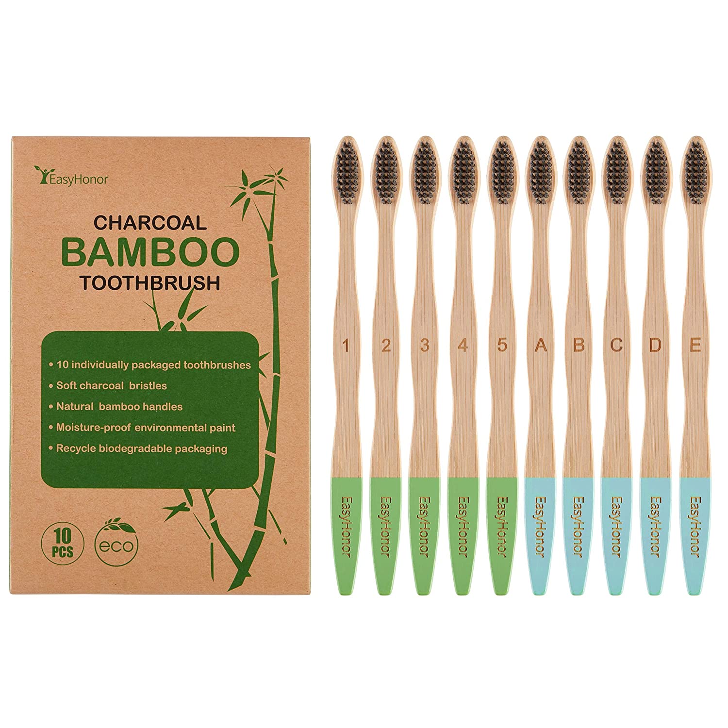 EasyHonor 10 Pack Bamboo Charcoal Toothbrushes for Adults and Teenagers, Biodegradable Organic bamboo eco friendly toothbrushes, with Ergonomic Handles and Soft Charcoal Bristles BPA Free