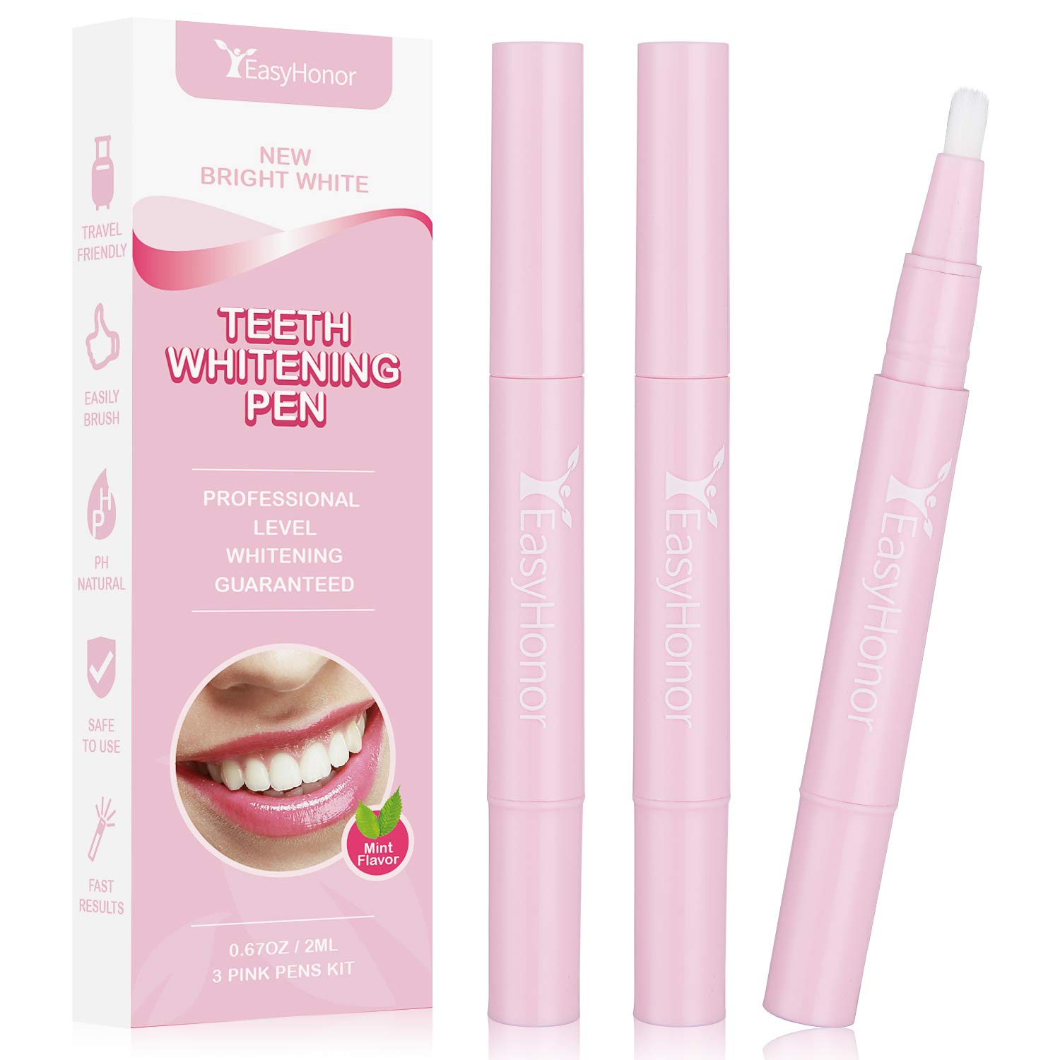 EasyHonor Teeth Whitening Pen Gel Dental - 3 PCS Pink Kit,35% Carbamide Peroxide Gel, Safe and Effective for Teeth Whitening, Travel-Friendly, Easy to Use, Natural Mint Flavor